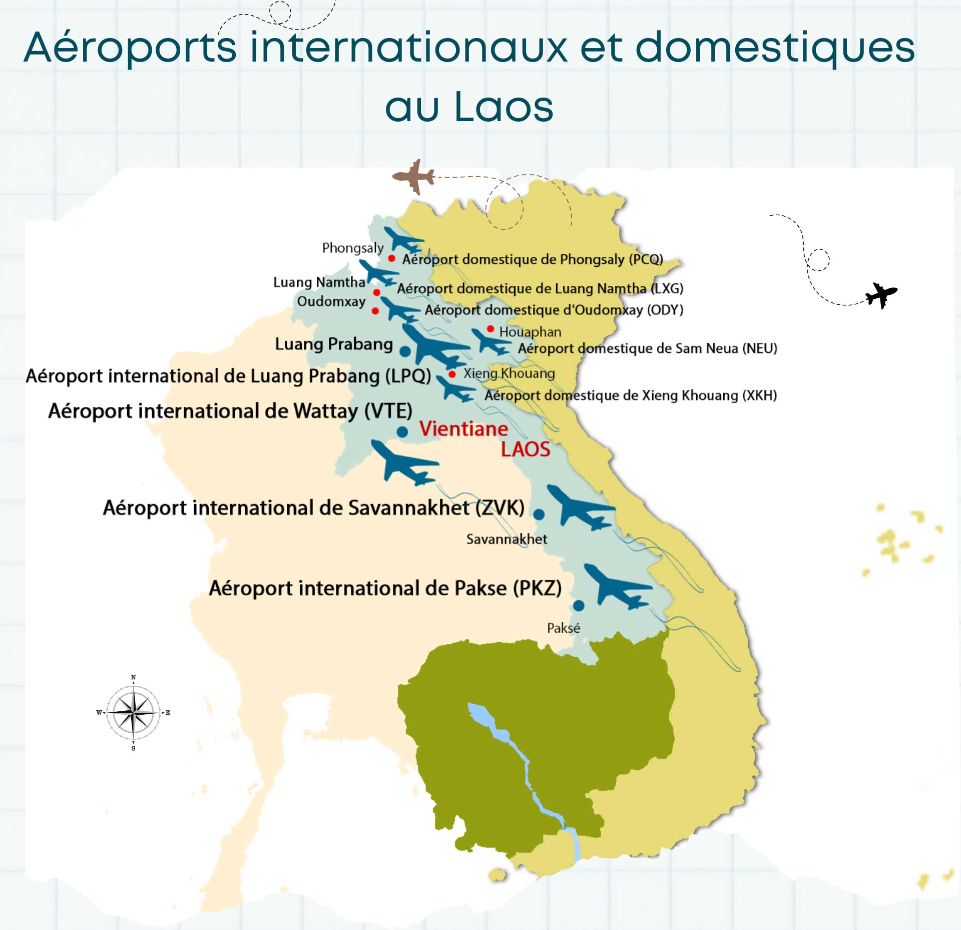 Carte des Aéroports internationaux et domestiques au Laos
