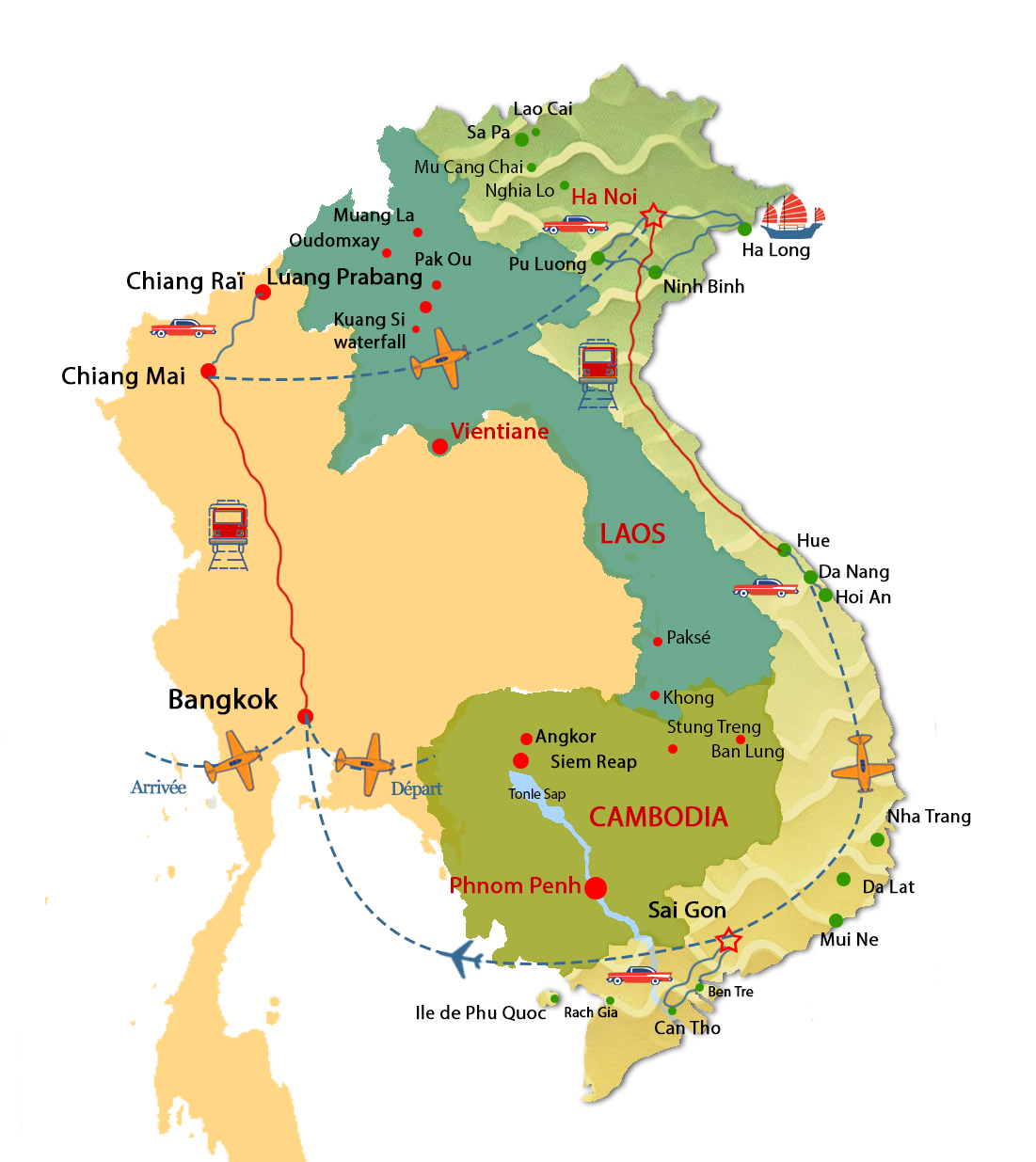 Carte d'itin&eacute;raire Vietnam et Thailande