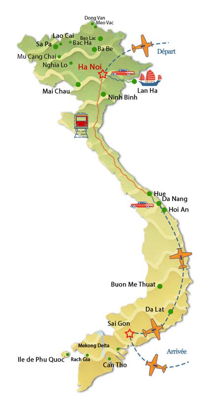 Carte du circuit Vietnam vintage de Saigon à Hanoi 