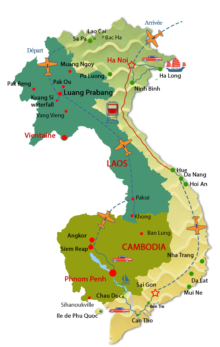 Carte circuit combin&eacute; Vietnam, Laos et Cambodge 